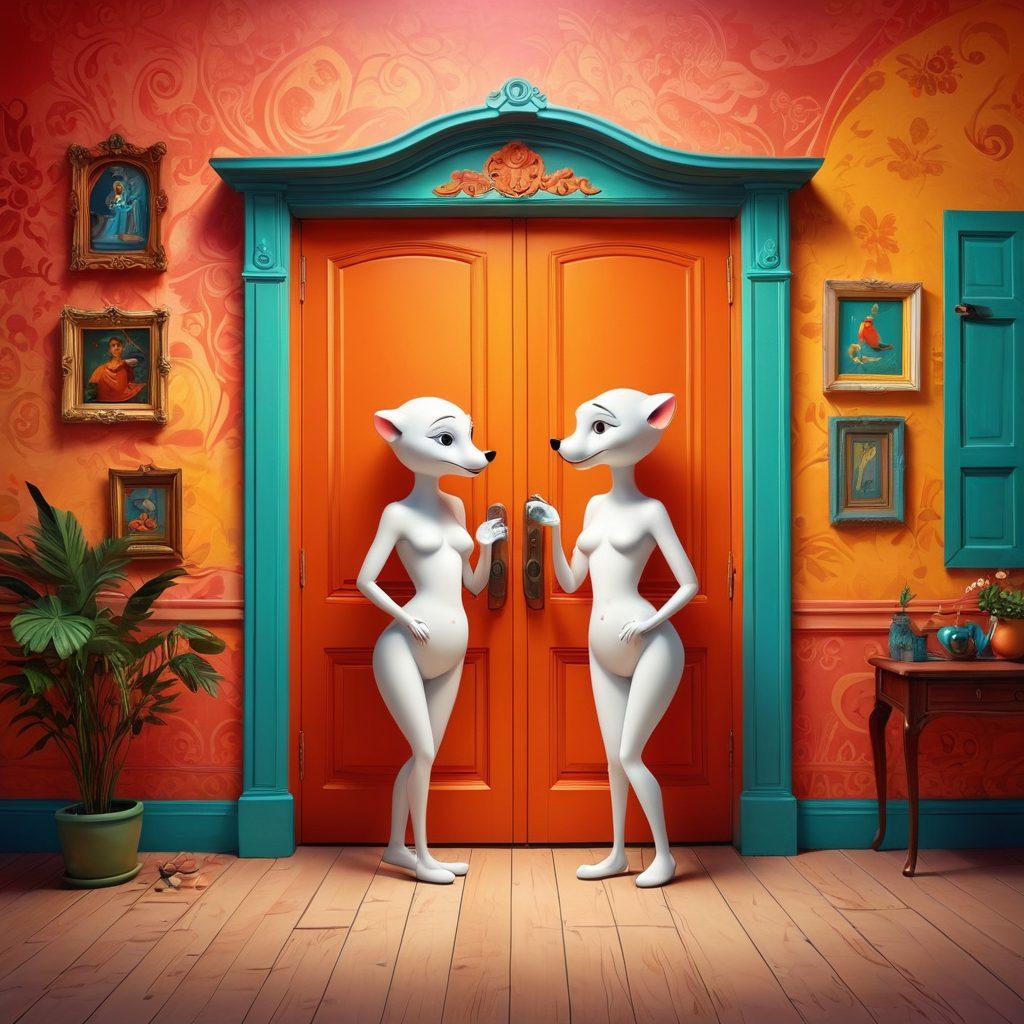 A whimsical and seductive scene blending elements of animation with adult themes, featuring anthropomorphic characters in flirtatious poses, surrounded by vibrant, exaggerated cartoonish backgrounds. Incorporate playful motifs that hint at the forbidden, like hidden doors and mischievous expressions. Use bold colors to create a sense of allure and excitement. vector art. vibrant colors. playful style.