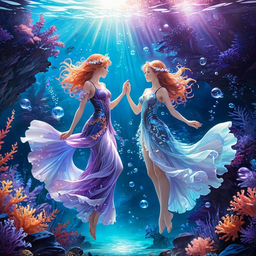A captivating underwater scene featuring vibrant coral reefs and ethereal sea creatures, blending elements of fantasy and sensuality. Two stylish anime characters engage in an intimate dance, showcasing diverse expressions of joy and passion, surrounded by bubbles and shimmering light. The background has soft gradients of blue and purple, enhancing the dreamlike ambiance. super-realistic. vibrant colors. fantasy art.