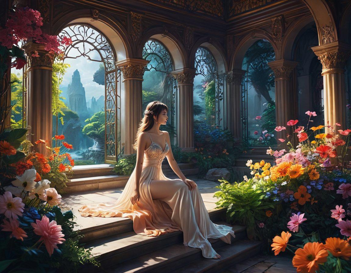 A visually stunning scene showcasing a vibrant fantasy landscape filled with adult anime characters in various sensual poses, surrounded by lush, colorful flora and whimsical architecture. The characters embody a range of emotions reflecting forbidden pleasures, with a soft glow illuminating their figures. The artwork should evoke a sense of allure and intrigue, blending fantasy with sensuality. surreal art style. vibrant colors.